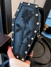 Coffin Shaped Black Handbag Embellished Stitch Rose Design Alternative Goth Rock