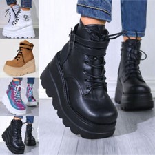 Women Punk Platform Wedge Chunky Lace Up Shoes Buckle Goth High Heel Ankle Boots