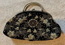 Butler Wilson Vintage Black Gold Beaded Handbag Large Clutch Shoulder
