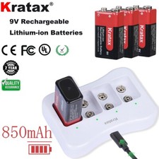 Kratax 9V Rechargeable Lithium Batteries 850mAh for Smoke Alarm Detector Guitar