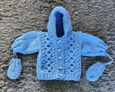 Baby New Hand Knitted Hooded Cardigan with Aran Pattern & Mitts O-3 Months BLUE