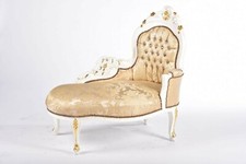Dormeuse chaise longue in legno laccato bianco con intarsi e damasco oro