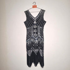 Sequin Dress Large Black Silver 1920s Style Flapper Tassel Lined Christmas Party