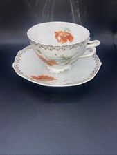 Silesia Clarion Hand Painted Peach Poppies & Gold Tea Cup & Saucer