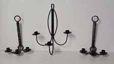 Vintage   Wall Sconce Set X3   Black Wrought Iron Triple Taper Candle Holder