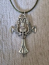 Large skull crucifix tibetan silver necklace on green neck cord, Halloween, Goth