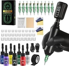 RHEIN Wireless Rotary Tattoo Machine Kit Gun Pen with Inks Needles Starter Set