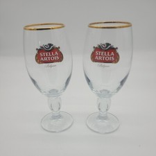 Set Of 2 Stella Artois Original Belgium Gold Rimmed Chalice Beer Glasses  33 cl