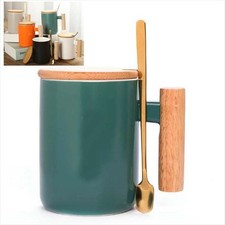 1 Pc 310ml Ceramic Wooden Handle Coffee Mug with Lid & Spoon Couples Green Cup