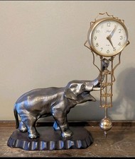 Vintage Fuji Metal Elephant 8-Day Mystery Swinging Clock W/Base 11" Tall "Works"