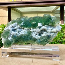 14.39LB  Clear Glassy stepped Green Fluorite crystal on Quartz Fujian China