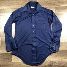 Vintage 70s Kentfield Shirt Mens M Dagger Collar L/S Navy Blue Silky Disco Pimp