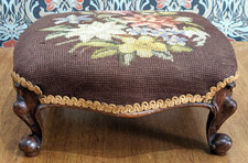 19th Century Victorian Needlepoint Cabriole Scrolled Leg Footstool Antique