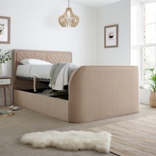 Velvet TV Bed, Sherlock Warm Stone Velvet Ottoman TV Bed,  4ft6, 5ft, 6ft