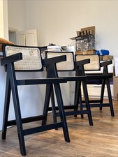 Set of 3 Cane-Rattan  Wood Counter Stools  (1 Slightly Damaged / Repairable)