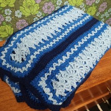 Vintage Crochet Knitted Blue Stripy Single Blanket Throw