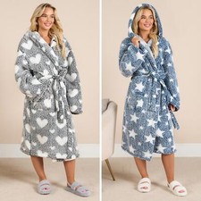 Teddy Dressing Gown Marl Heart Star Ladies Warm Soft Cosy Womens Longewear Robe