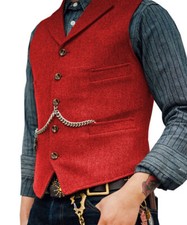 Mens Vintage Tweed Waistcoat Vest Cowboy Wool Herringbone Vests M L XL XXL 3XL
