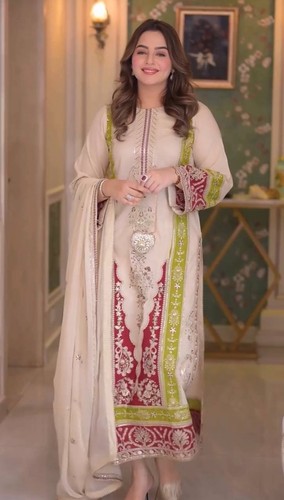 Cream pakistani salwar kameez - pakistani,