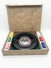Vintage 50s Roulette Wheel Set Felt Mat Colored Chips Casino Game