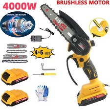 Brushless 4/6"Electric Mini Chainsaw Handheld 4000W With 2*Battery Wood Cutting