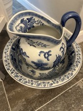 pottery blue and white jug and bowl set