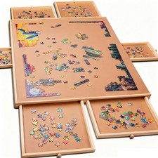 Wooden Jigsaw Puzzle Board Portable Puzzle Storage Table w/ 6 Slid Drawer