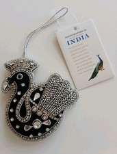 BLACK SWAN CHRISTMAS TREE DECORATION - BLACK & SILVER - HANDCRAFTED IN INDIA