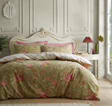 Penelope Floral Lace Shabby Chic Duvet Cover Set Sage Green Reversible Double