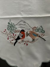 Hand Embroidered Table Runner Dresser Scarf Birds & Floral Wreaths Cottage Core