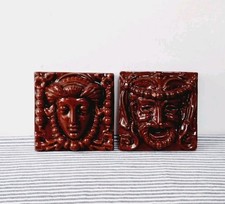 Stunning Unusual Pair Terracotta Tiles Brown Glaze Man And Woman Vintage Decor