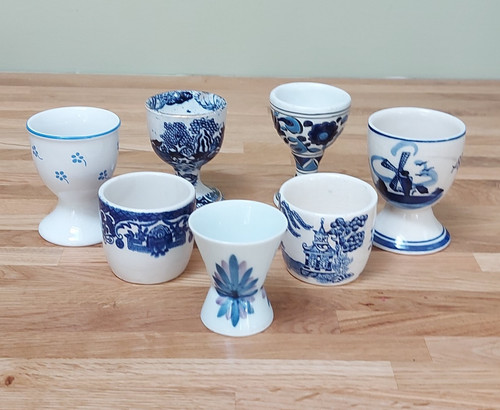 Blue white egg cups - x, &