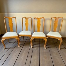 Set of 4 Vintage Dining Chairs – Queen Anne Style with New Linen Upholstered Sea