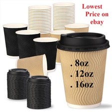 8oz, 12oz, 16oz Disposable Coffee Cups With Lids Insulated Paper Ripple Wall Cup