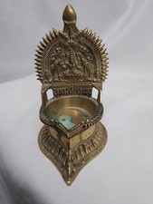 Vintage Hindu Brass Oil Lamp Engraved Galalakshmi #4403