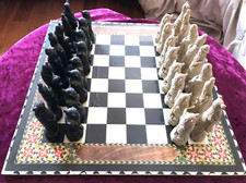 Large Old Vintage Chinese Emperor Chess Full Set Pieces And Vintage Board 45cm
