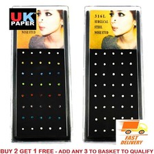 BOX SET 40 SURGICAL STEEL SILVER NOSE STUDS TINY CRYSTAL CLEAR RING GEM PIERCING