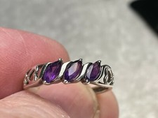 Vintage Sterling Silver 925 Three Amethyst Stone Ring Heart Design Size 9.75.