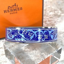 Vintage Hermes Enamel Bangle Bracelet Blue Enamel Botanical Silver Rim 65 w/Box