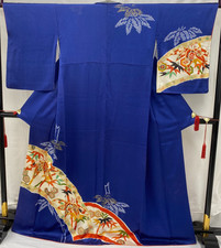 Japanese Vintage Kimono Silk Blue Tukesage Traditional Authentic Length 64 in