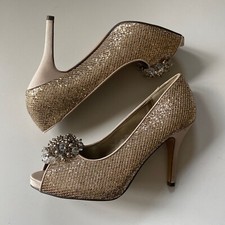 LUNAR Elegance Shoes Sz 7 Gold Sparkly Xmas Party Heels Peep Toe Slip On Women