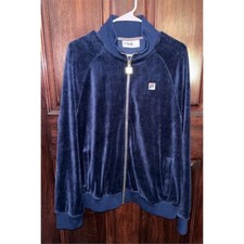 Fila Men's Jacquard Velour Track Jacket Navy Blue Size L Casual Zip-Up
