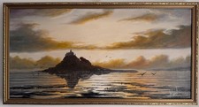Original oil painting St Michael's Mount sunset seascape framed signed