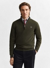 GANT Mens Khaki Green Melange Superfine Lambswool Half Zip Sweater