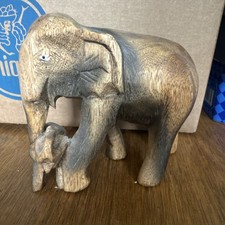Vintage Carved Wooden Elephant and Calf Statue/ Ornament Figure Mum and Baby #Q