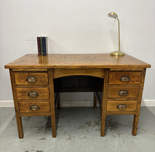 Vintage Oak Pedestal Desk with Twin Drawers and Slide Extensions