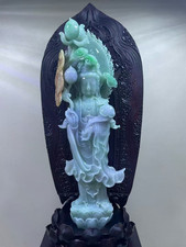 20'' China Natural Jadeite Emerald Jade Lotus Guanyin Kwan-yin Goddess Statue