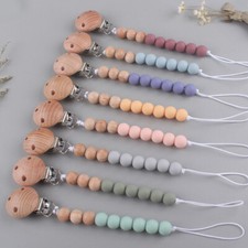 Baby Dummy Clips Wooden Silicone Beads Pacifier Chain Strap Holder Shower Gift *