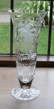 VINTAGE Royal Brierley Cut Glass Trumpet Vase - Fuchsia Pattern - 20cm Tall