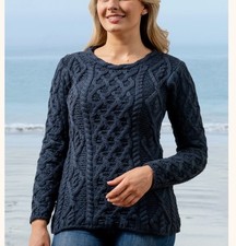 Aran Sweater Market Lambay 100% Virgin Wool Sweater Women SZ-Small Navy Ireland